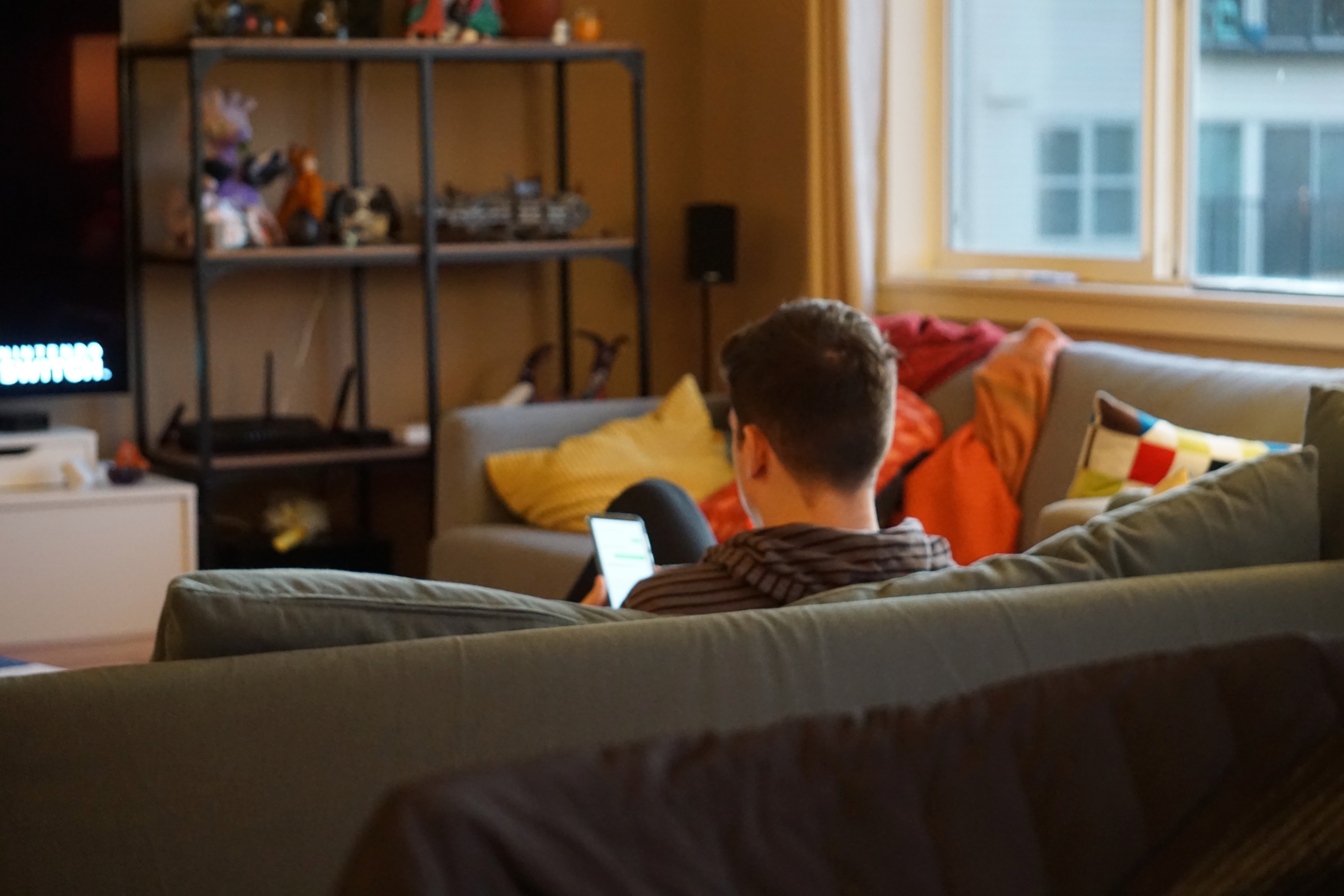 Future-state mockup with shades down, thermostat upgraded, and coffee gear ready