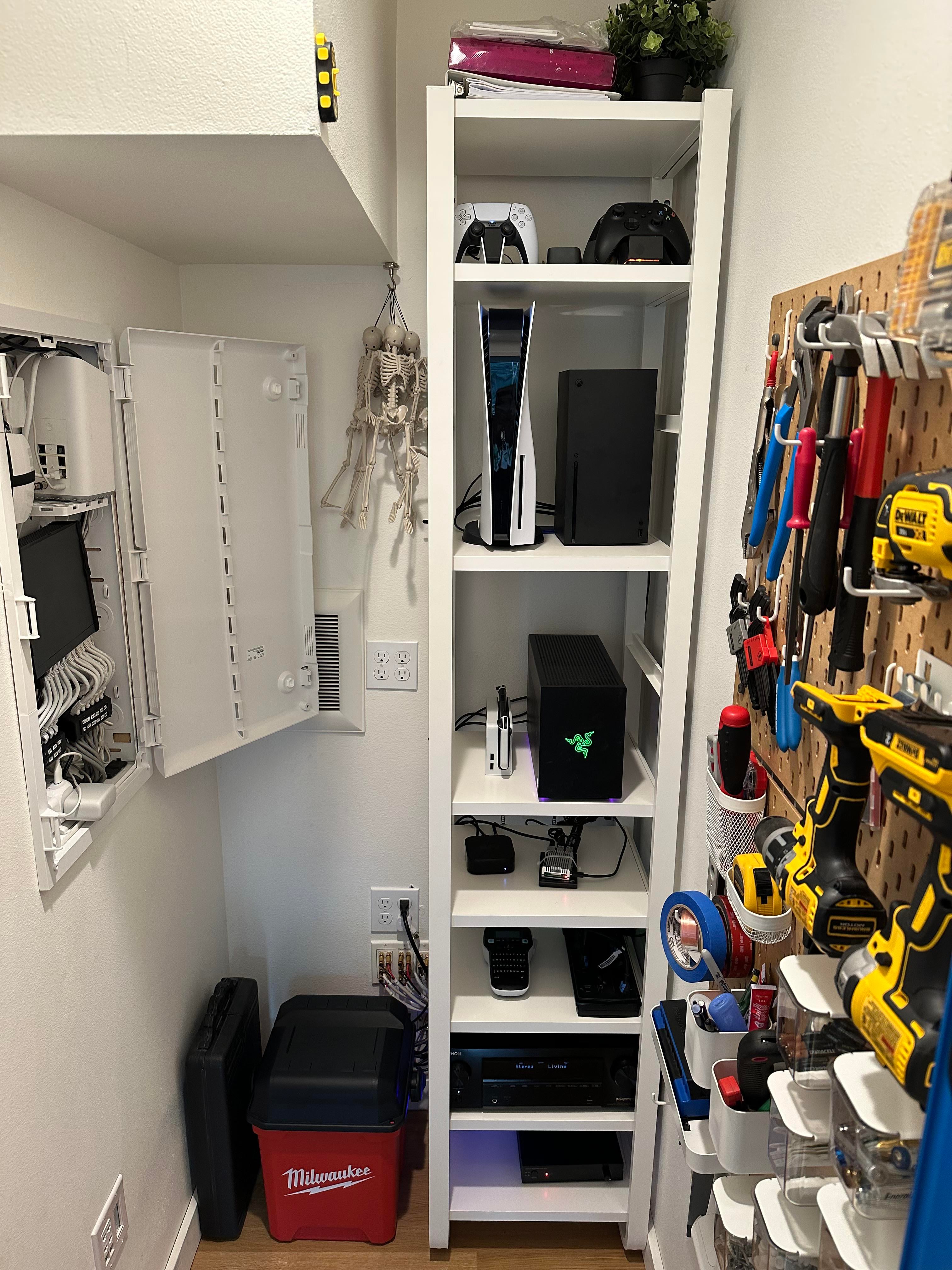 One closet to house all our networking and media equipment. Most of the hard work was done by the previous owner with the CAT6, HDMI, and speaker wires all in wall.