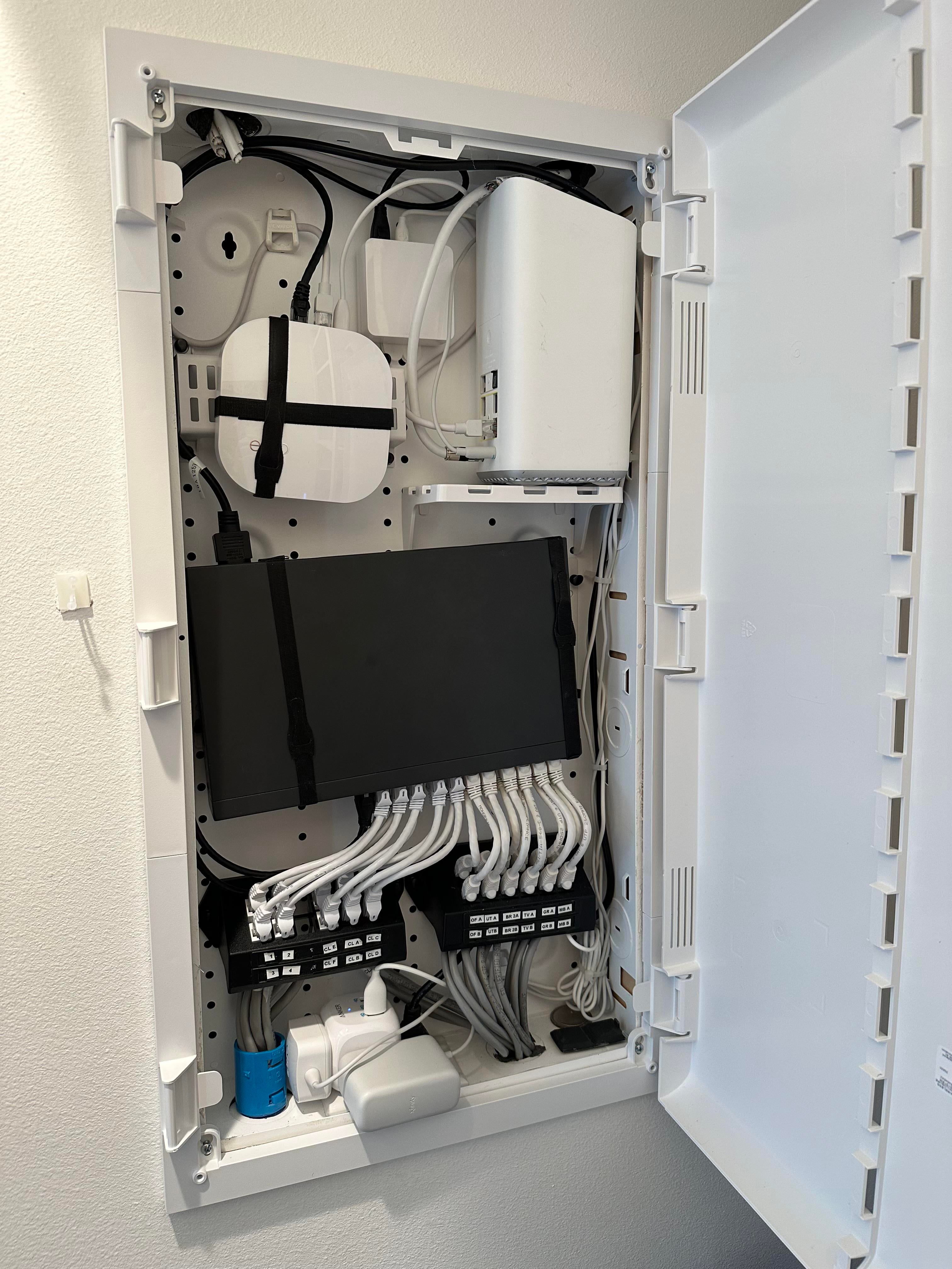 Network panel close up. I’m not super stoked about putting my eero gateway in here to act as the router but currently not sure what to upgrade to. Suggestions welcome.