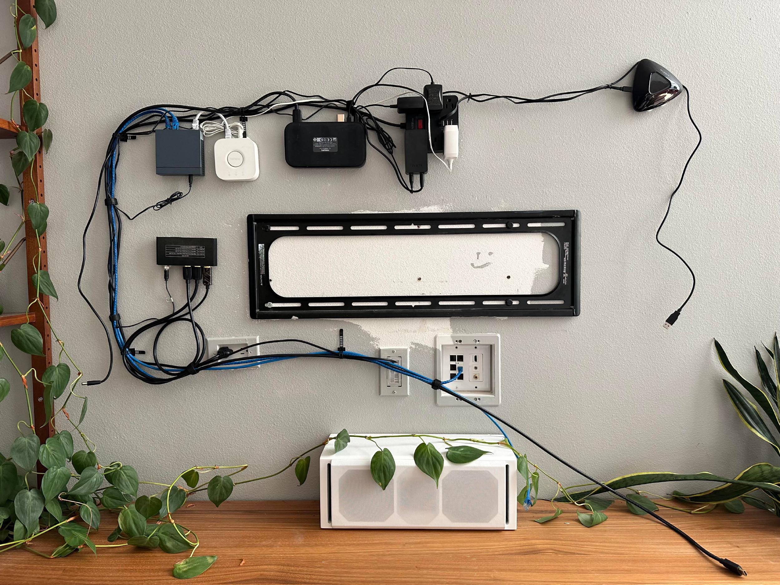 Living room (behind the TV). A bunch of stuff here for Philips Hue backlight syncing + HDMI 2.1 compatibility. More info in the diagram.